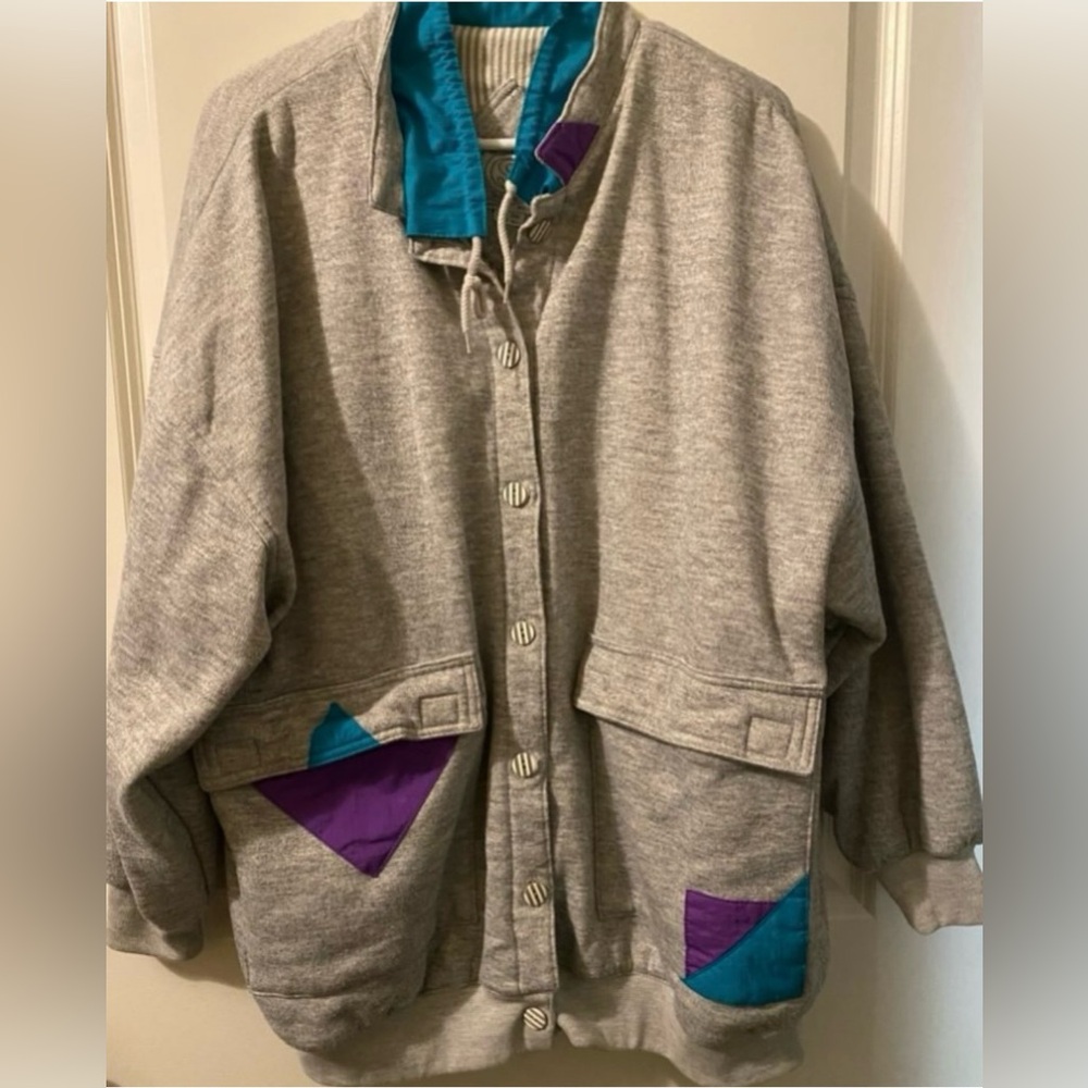 ‘Be In The Current Seen’ Gray Jacket with Purple and Teal Accents